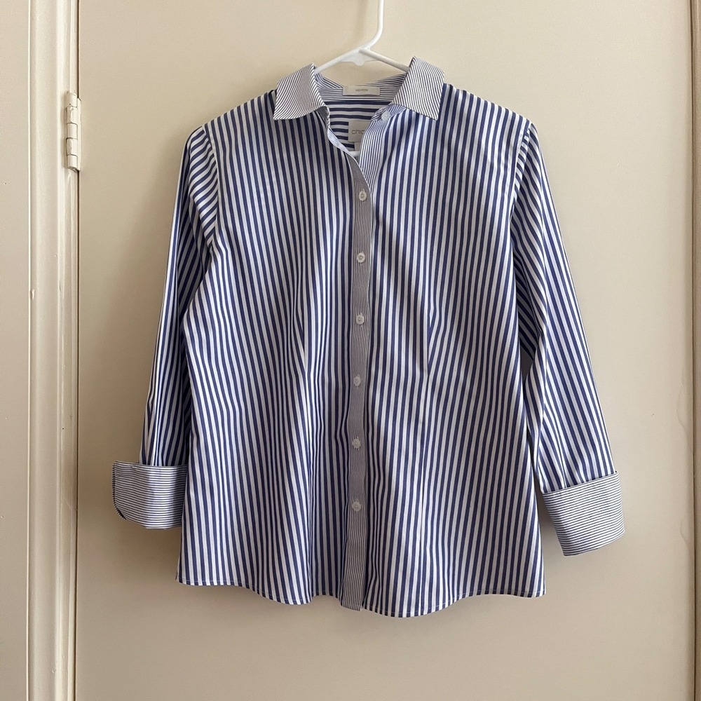 Chicos Striped No Iron Button Up Shirt Petite 0 Small 100% Cotton Coastal Preppy